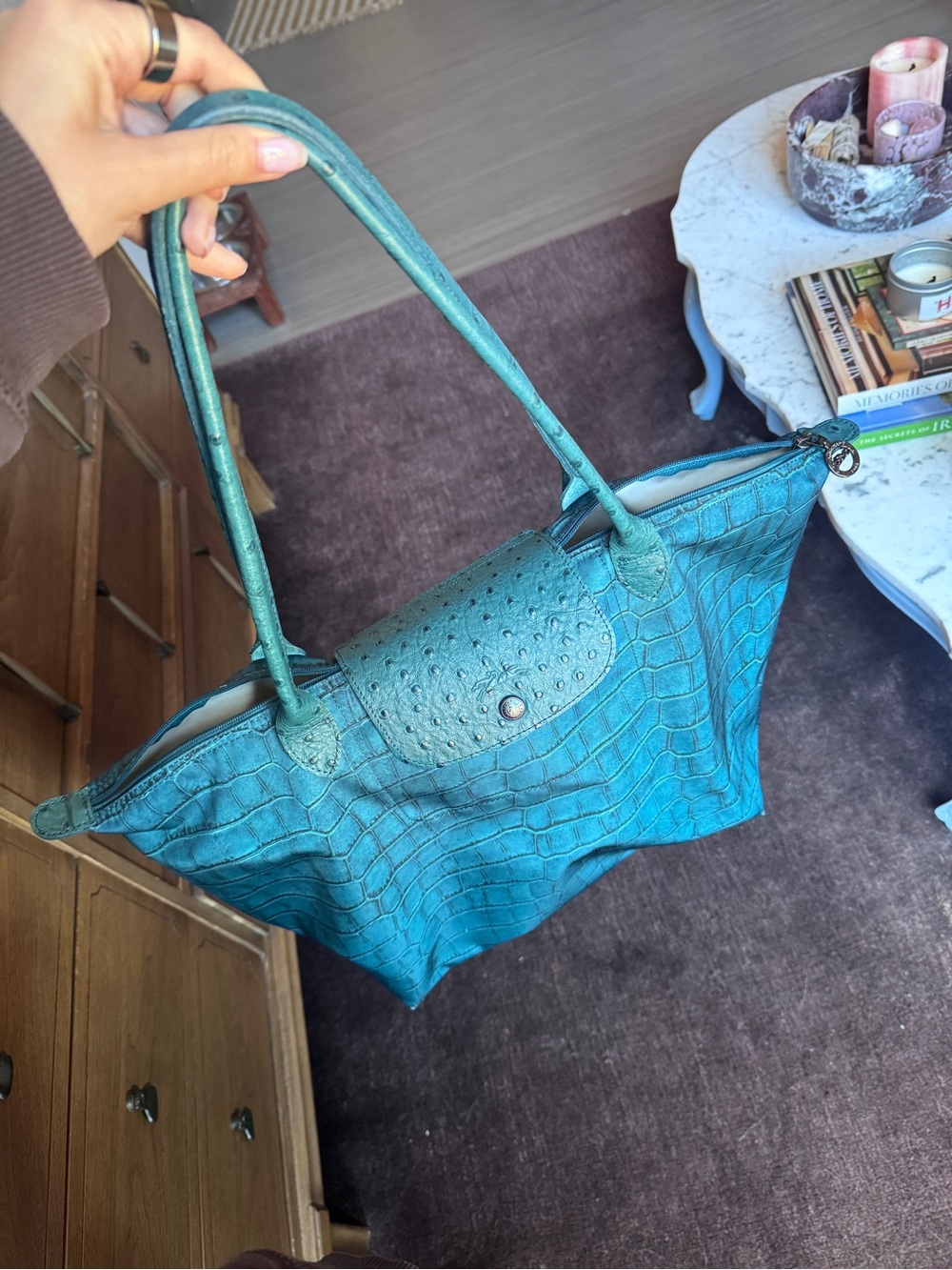 Longchamp Blue Teal Croc-Embossed Print Le Pliage Tote - size medium